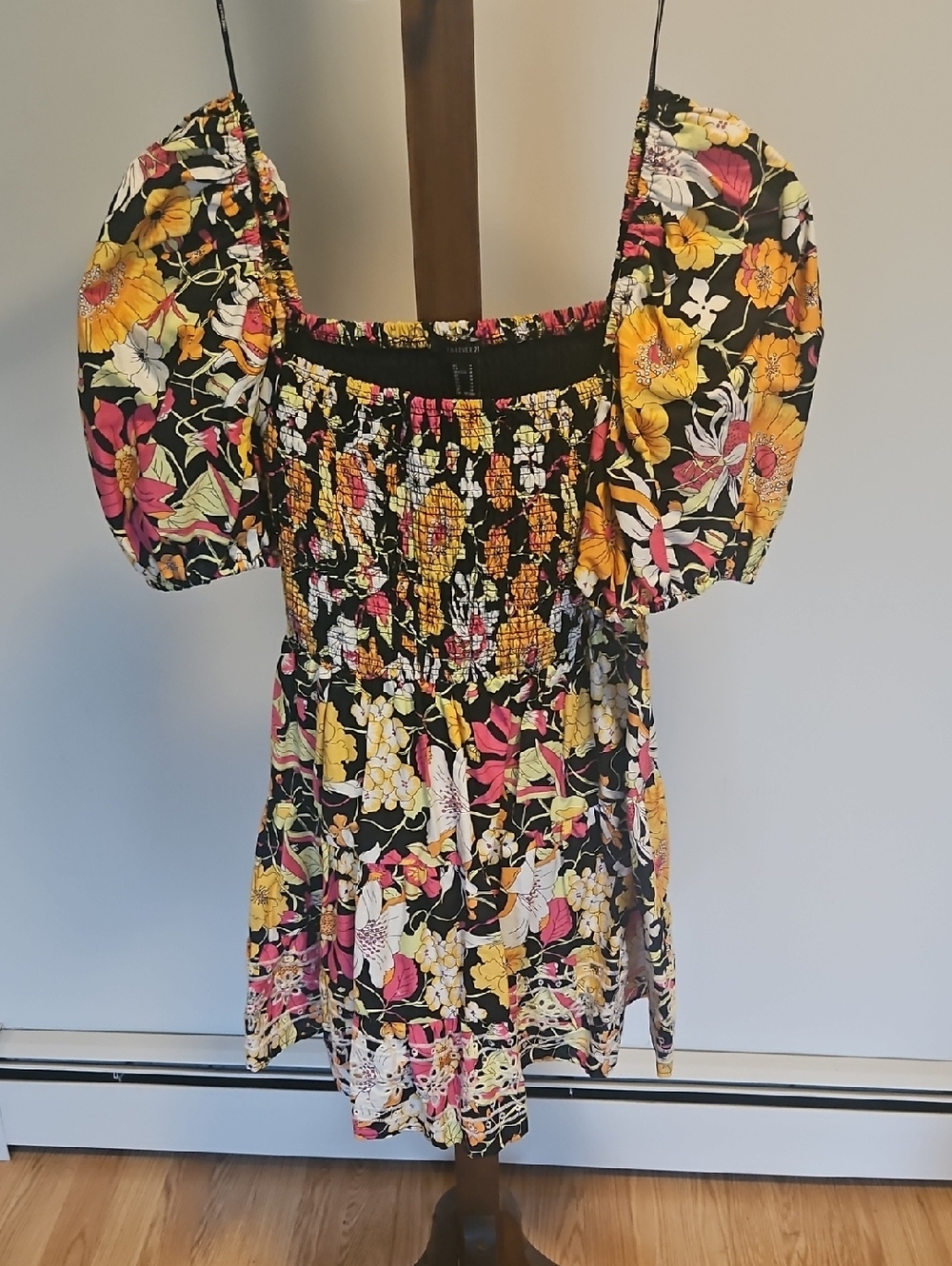 Forever 21 Womens Black Floral Smocked Mini Dress with Yellow & Pink Accents M